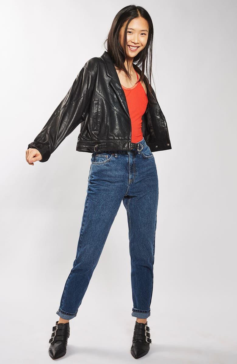 Topshop Maggie Cropped Leather Jacket, Alternate, color, 