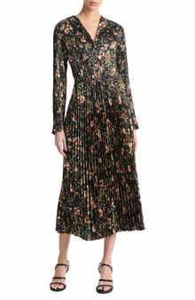 Vince Orchid Vine Long Sleeve Micropleat Midi Dress