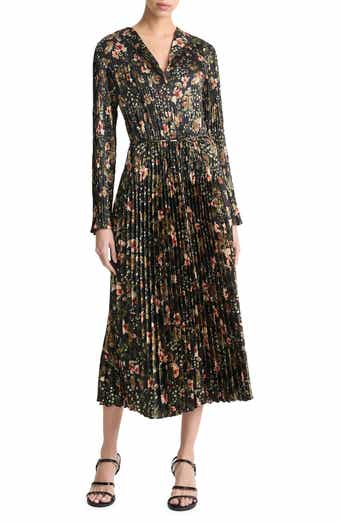 Vince Orchid Vine Long Sleeve Micropleat Midi Dress