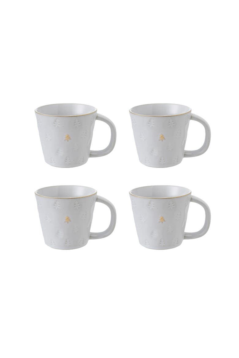 10-Ounce Debossed Stoneware Mug with Trees and Gold Electroplating in Reactive Glaze, White, Set of 4, Main, color, White, Gold