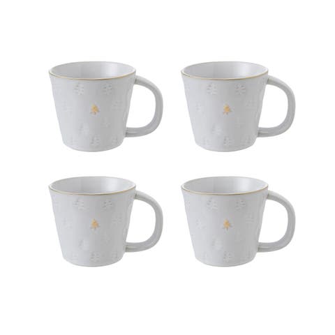 10-Ounce Debossed Stoneware Mug with Trees and Gold Electroplating in Reactive Glaze, White, Set of 4
