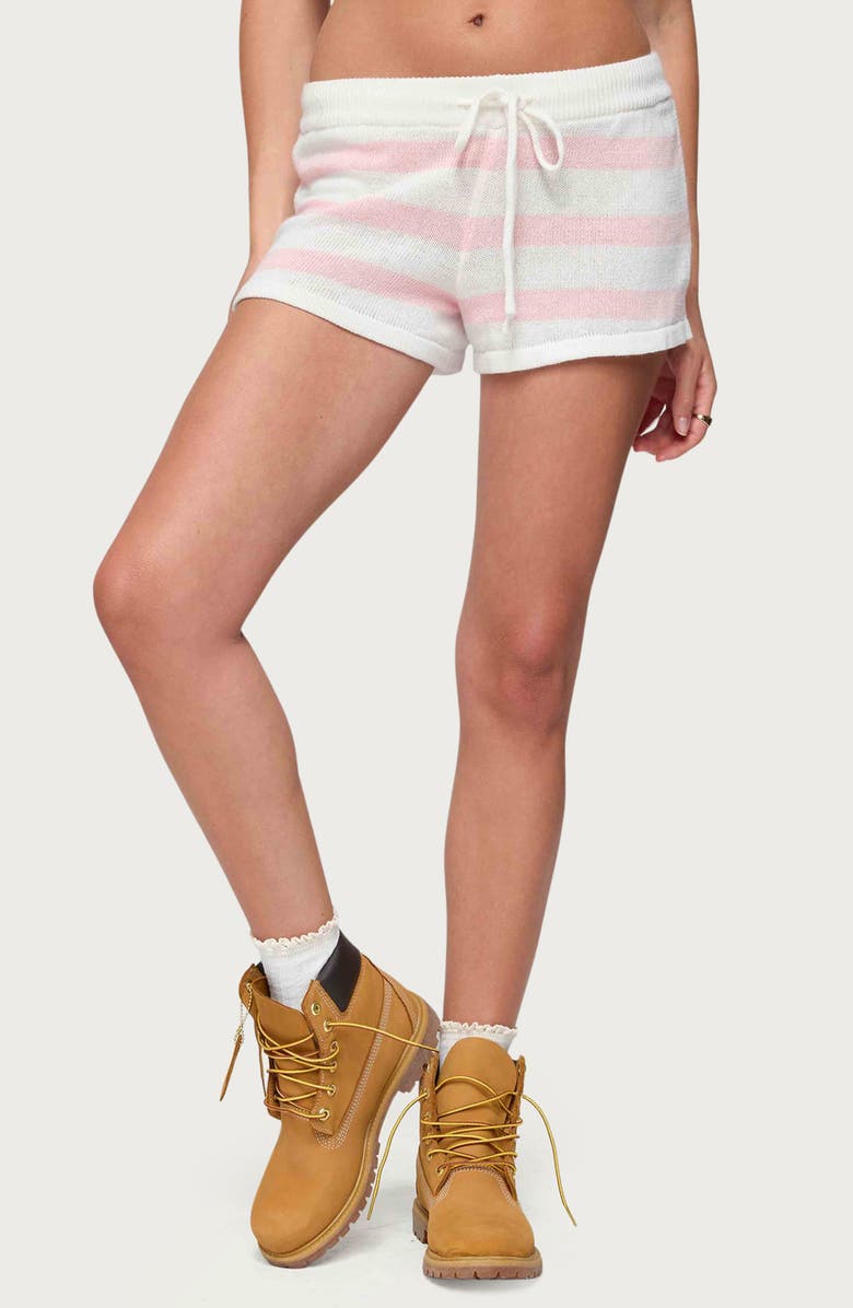 EDIKTED Amaris Stripe Cotton Knit Shorts, Main, color, Light-Pink
