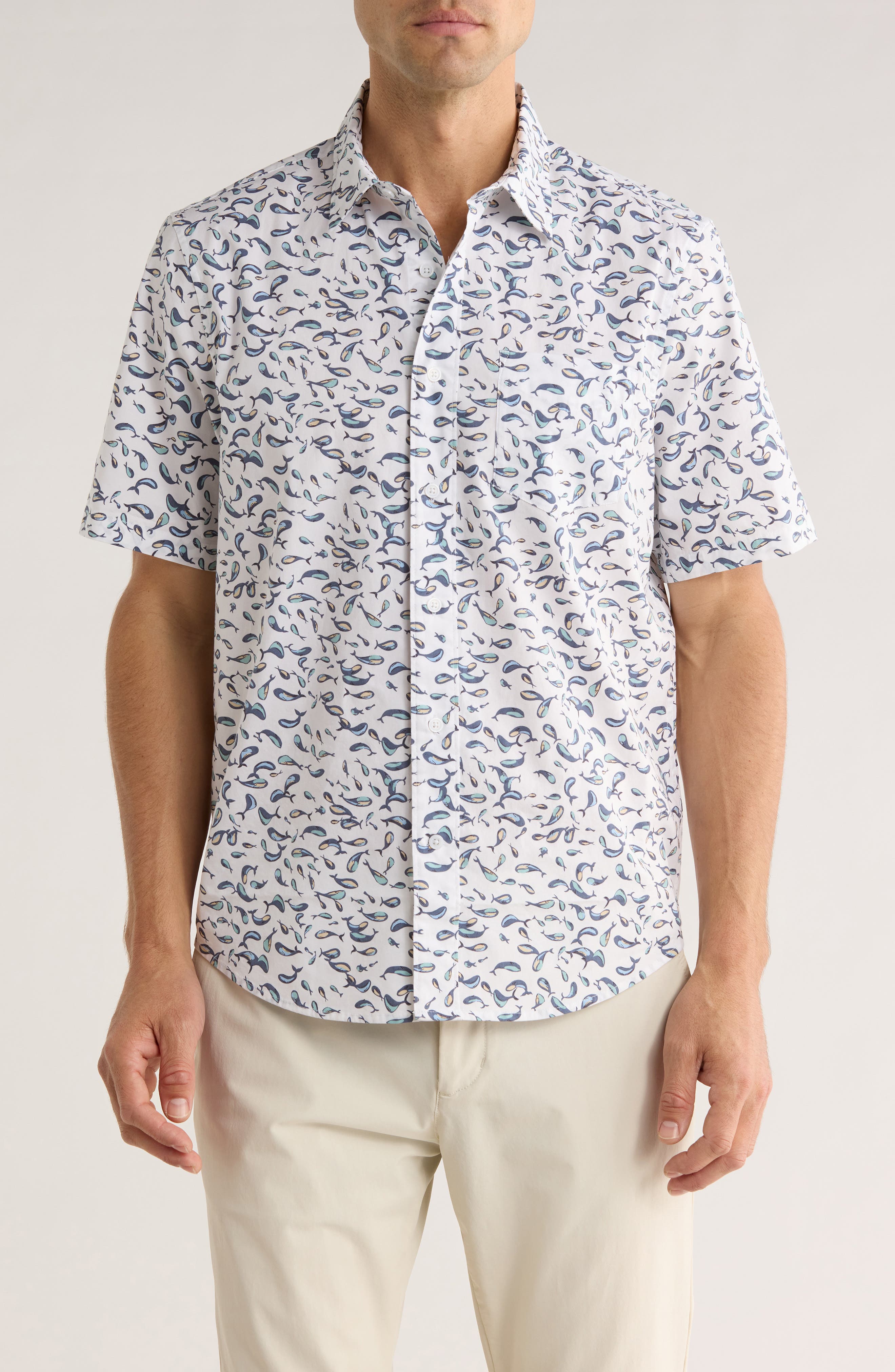 14th & Union Print Short Sleeve Stretch Poplin Button-Up Shirt