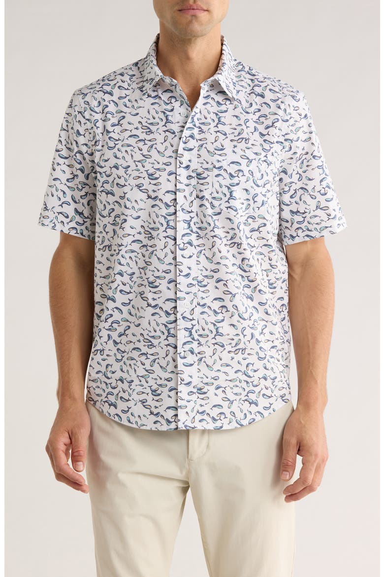 Print Short Sleeve Stretch Poplin Button-Up Shirt, Main, color, IVORY WHALE PRINT