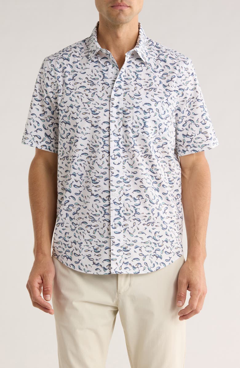 14th & Union Print Short Sleeve Stretch Poplin Button-Up Shirt, Main, color, Ivory Whale Print