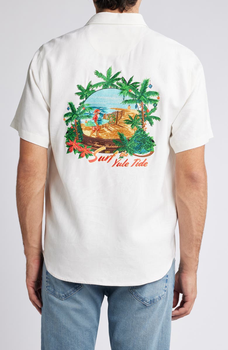 Tommy Bahama Surf the Yule Holiday Embroidered Short Sleeve Silk Button-Up Shirt, Alternate, color, 