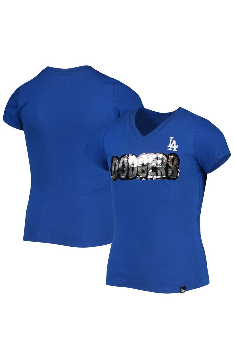 New Era Girls Youth New Era Royal Los Angeles Dodgers Flip Sequin Team T-Shirt, Main, color,