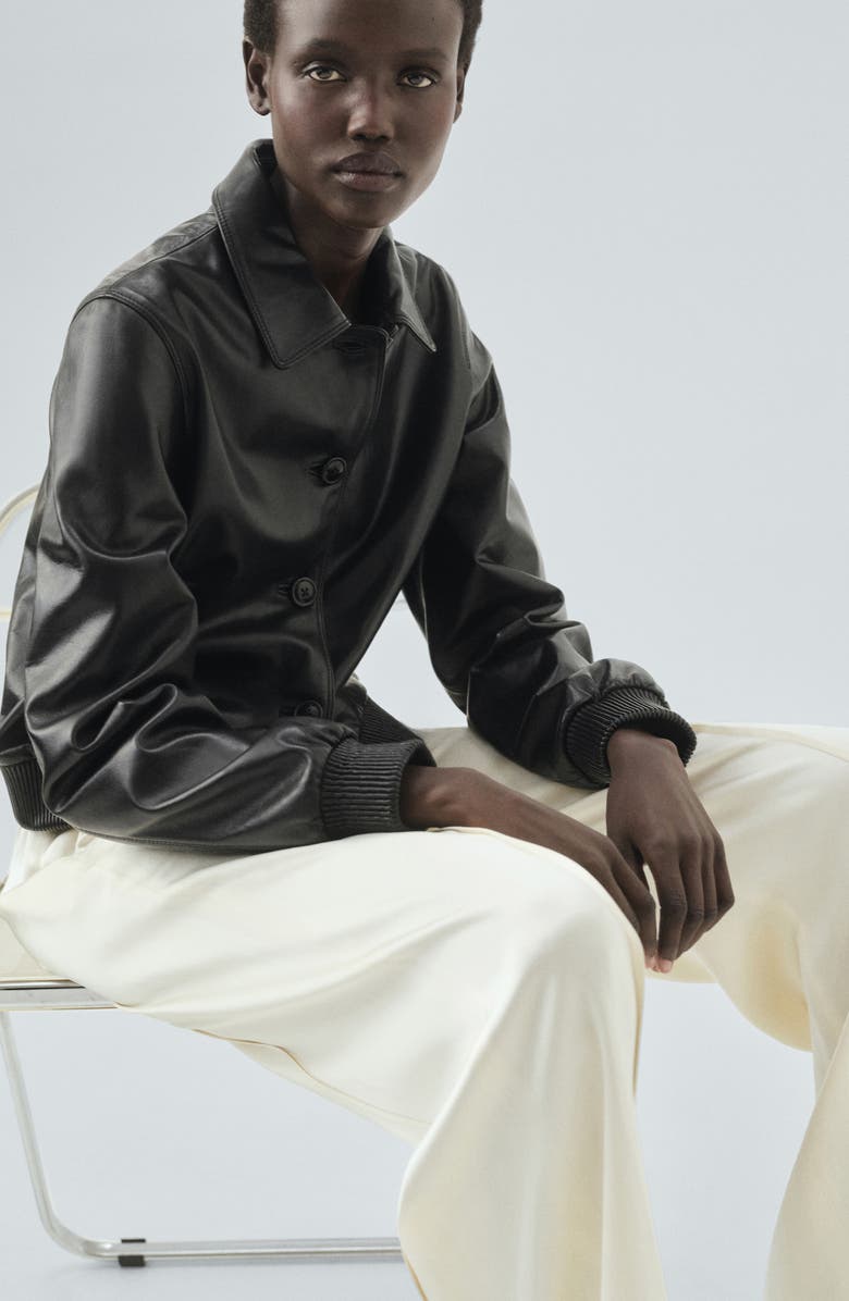 MANGO Selection Leather Bomber Jacket, Alternate, color, Black