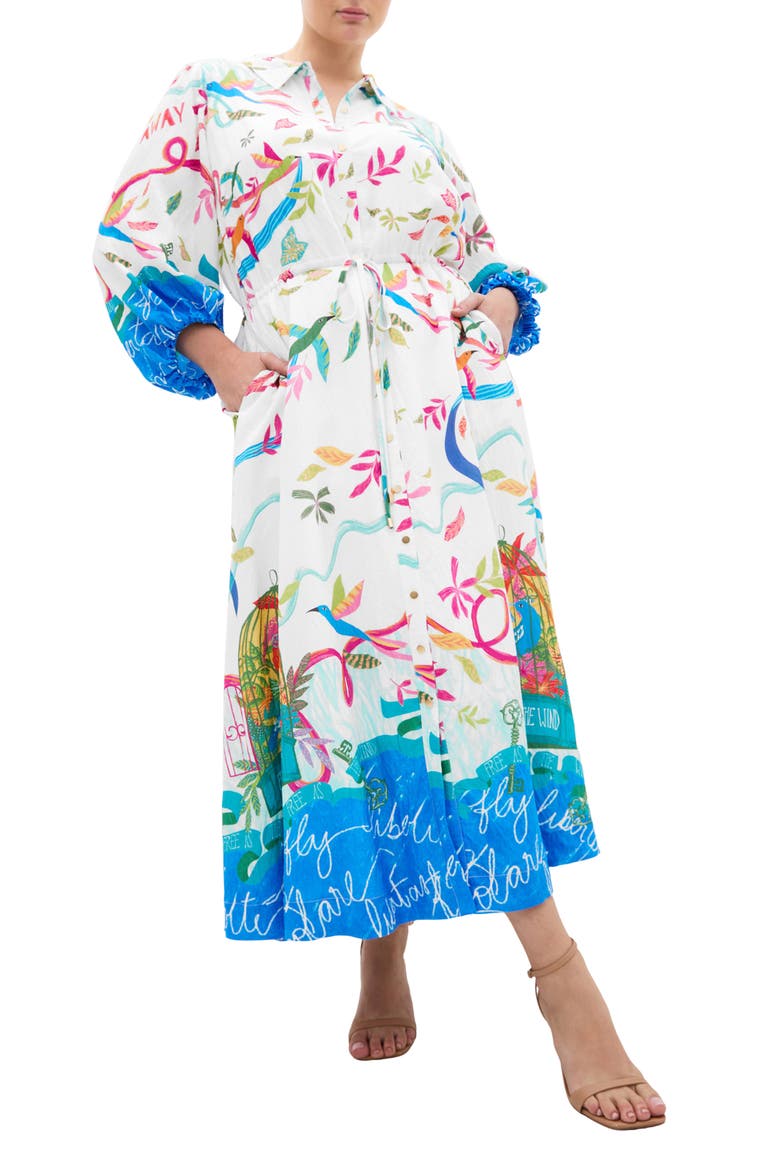 Tahlia Long Sleeve Bird Print Maxi Shirtdress, Main, color, FREE SPIRIT