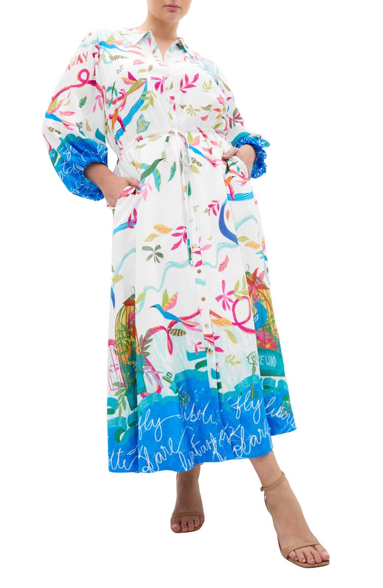 City Chic Tahlia Long Sleeve Bird Print Maxi Shirtdress, Main, color, Free Spirit