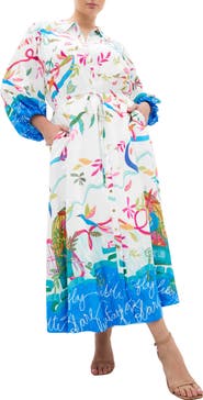 City Chic Tahlia Long Sleeve Bird Print Maxi Shirtdress