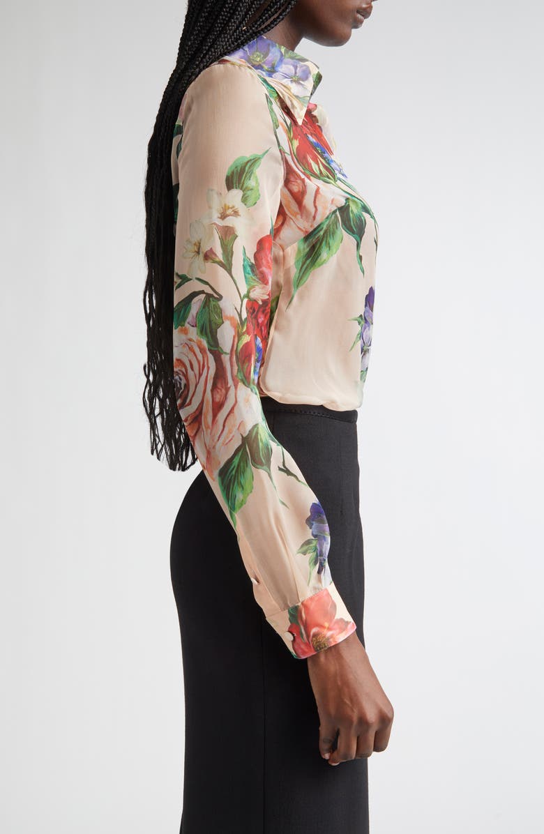 Dolce&Gabbana Floral Print Silk Chiffon Button-Up Shirt, Alternate, color, Beige Print Floral