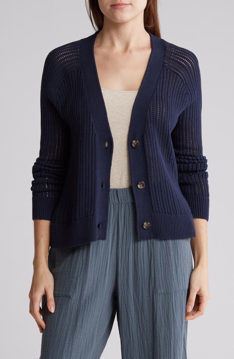 Caslon<sup>®</sup> Cotton Blend Pointelle Cardigan, Main, color, Navy Blazer