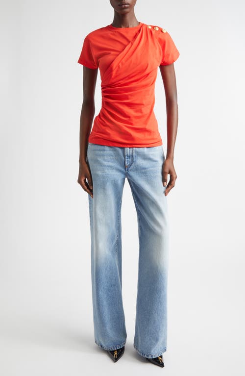 Balmain Button Detail Draped Jersey T-shirt In Red