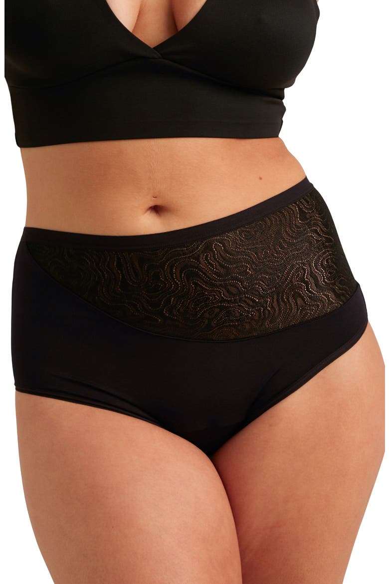 Period & Leakproof Regular Absorbency Lace Panel High Waist Briefs, Main, color, VOLCANIC BLACK