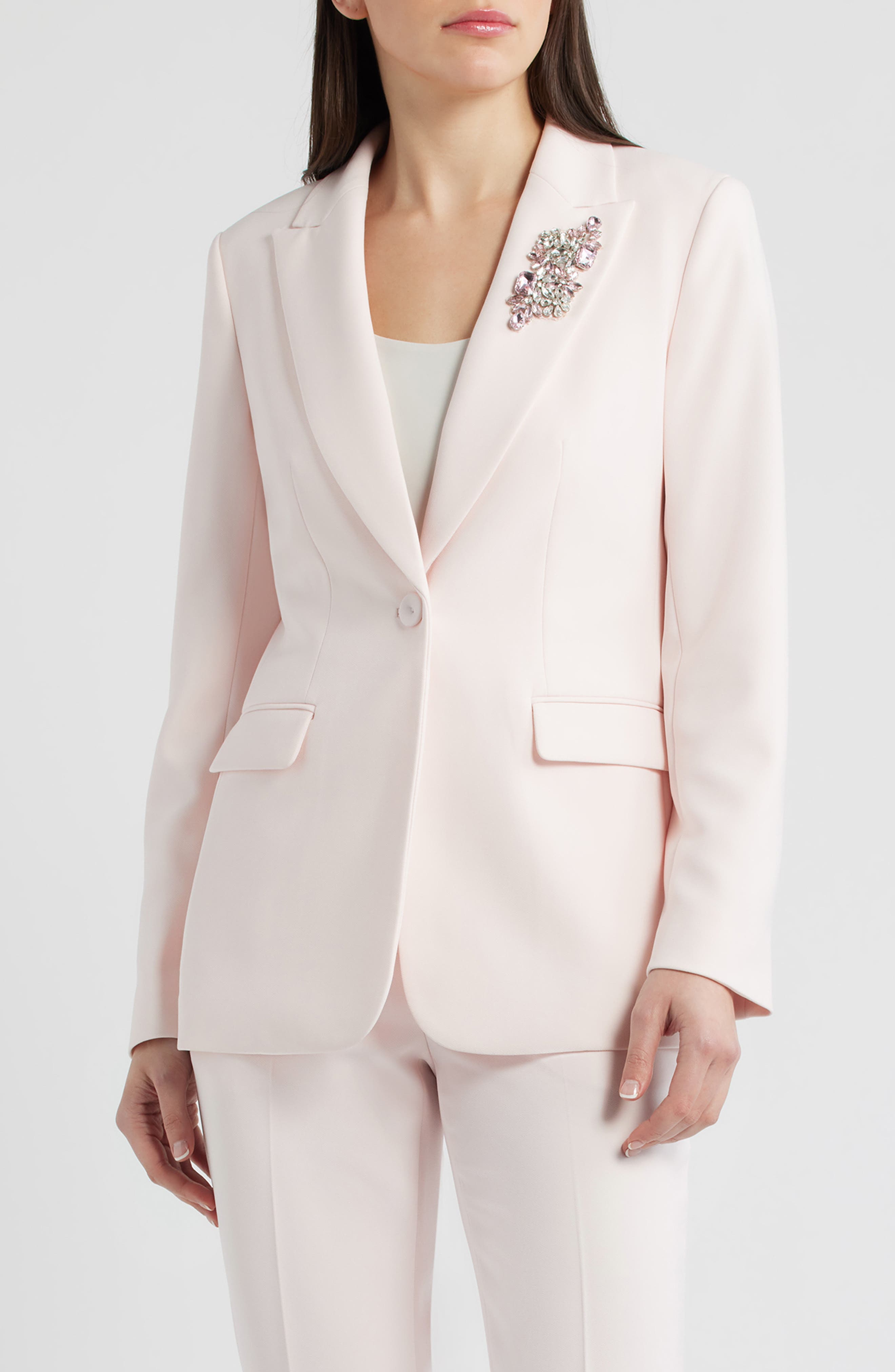 Anne Klein Crystal Brooch One Button Blazer