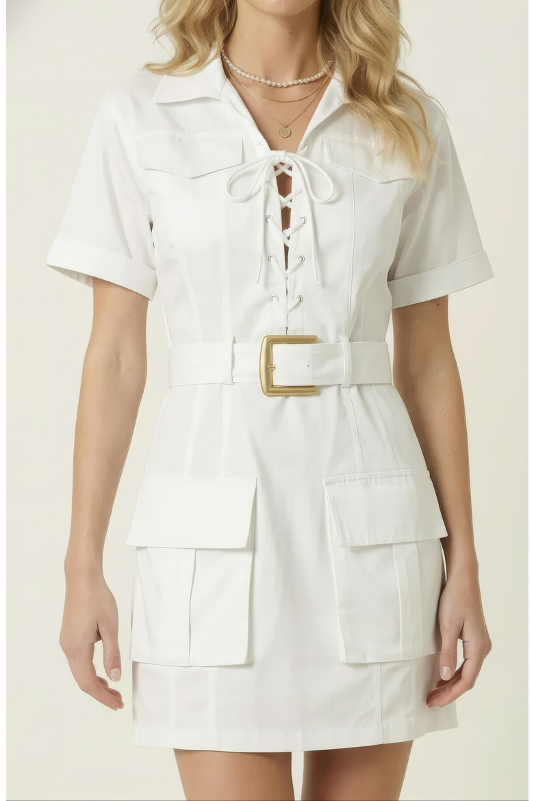 Utility Mini Dress with Lace Up Front and Belted Waist, Alternate, color, White