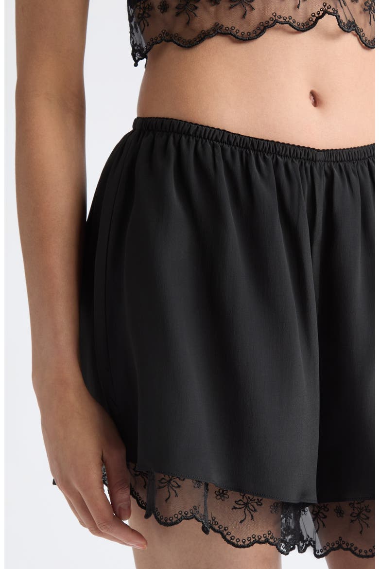 Lace Trim Crêpe de Chine Negligee Shorts, Alternate, color, BLACK
