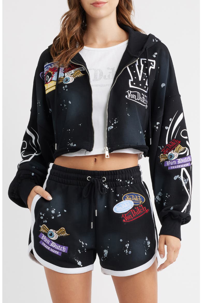 Full Zip Cropped Hoodie, Main, color, JET BLACK SPRAY WASH