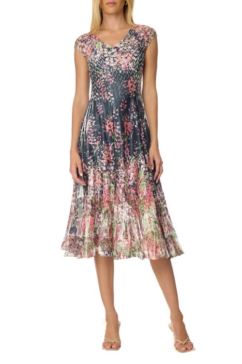 Komarov Border Print Charmuese Dress With Cap Sleeves In Multi