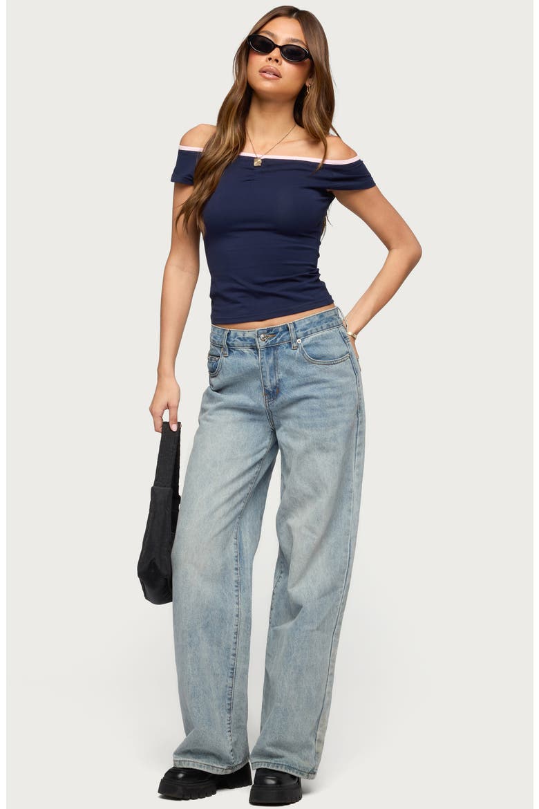 Dellah Contrast Neck Off the Shoulder Top, Alternate, color, NAVY