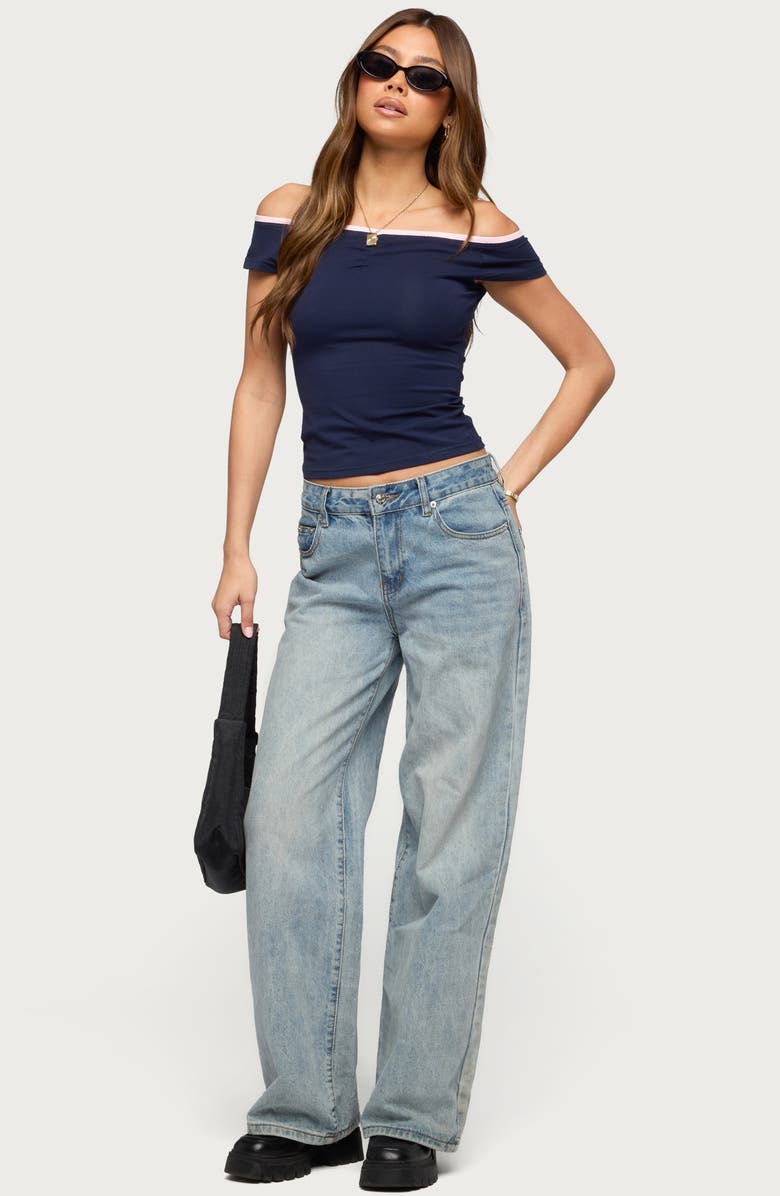 EDIKTED Dellah Contrast Neck Off the Shoulder Top, Alternate, color, Navy