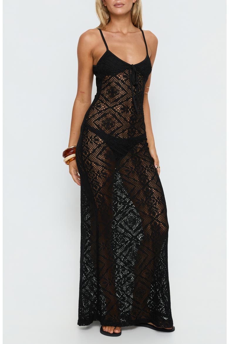 Eminent Semisheer Open Stitch Maxi Dress, Main, color, BLACK