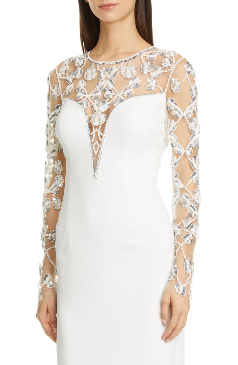 Pamella Roland Embellished Tulle Long Sleeve Crepe Column Gown, Alternate, color, 