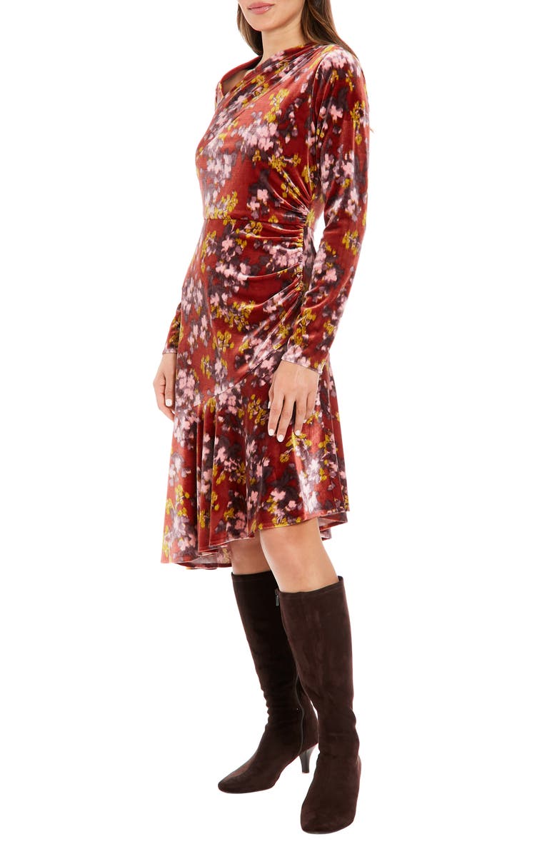 London Times Floral Long Sleeve Ruched Asymmetric Velour Dress, Alternate, color, Red Multi