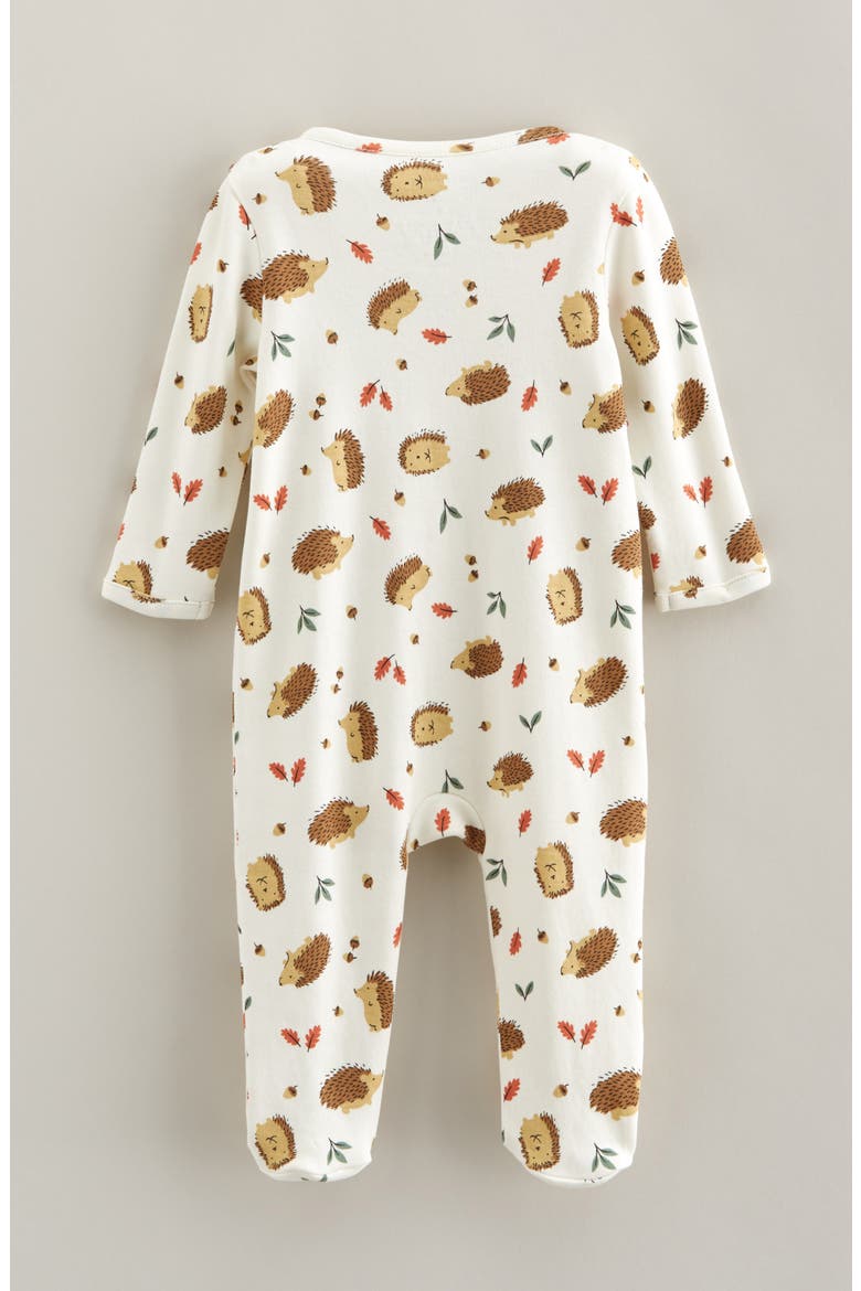 Print Zip Cotton Footie, Alternate, color, IVORY EGRET AUTUMN HEDGEHOGS