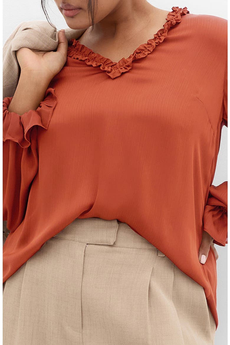 Maia Ruffle Fluted Sleeve Satin Top, Main, color, TOFFEE