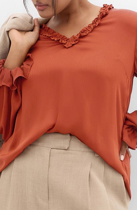 Maia Ruffle Fluted Sleeve Satin Top (Plus)