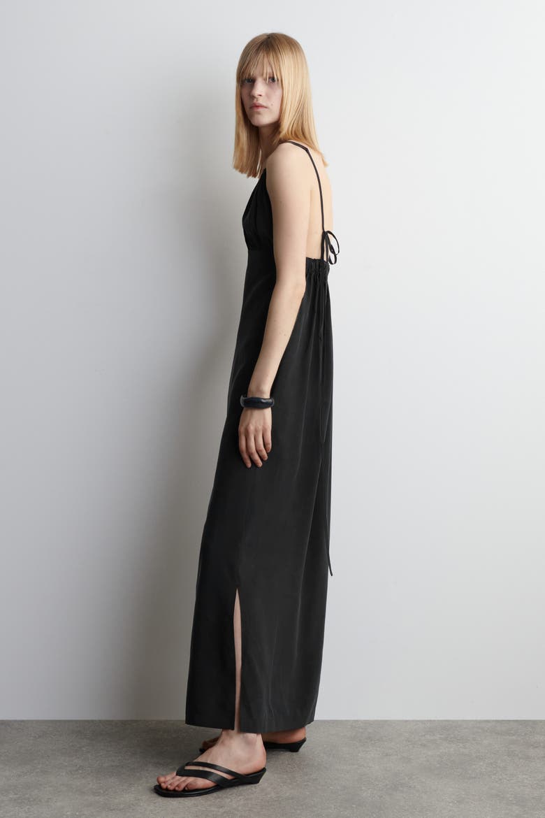 Gathered V-Neck Maxi Dress, Alternate, color, WASHED BLACK