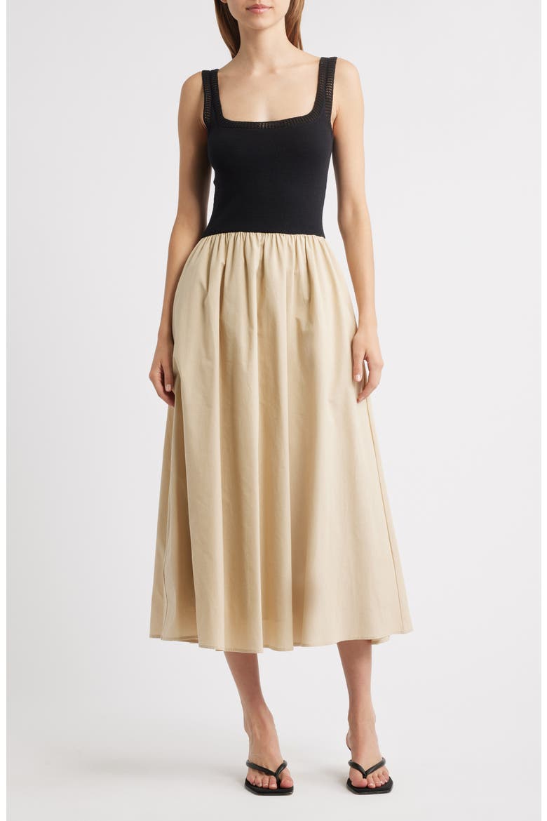 Square Neck Mixed Media Midi Dress, Main, color, NATURAL