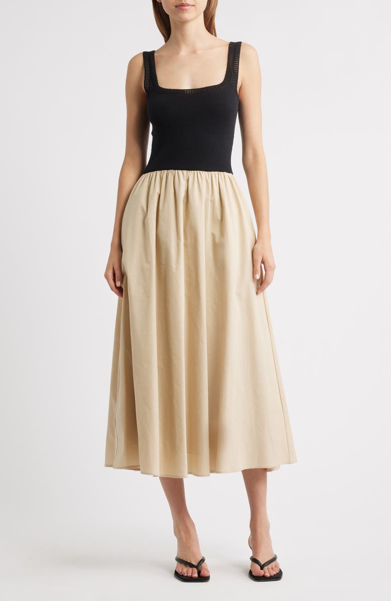 MOON RIVER Square Neck Mixed Media Midi Dress, Main, color, Natural