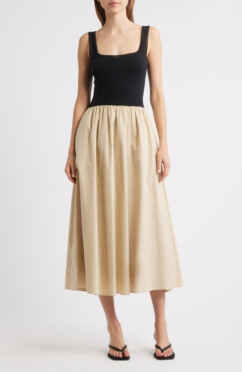 Square Neck Mixed Media Midi Dress