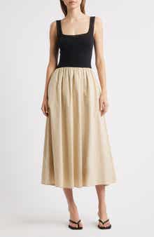 MOON RIVER Square Neck Mixed Media Midi Dress