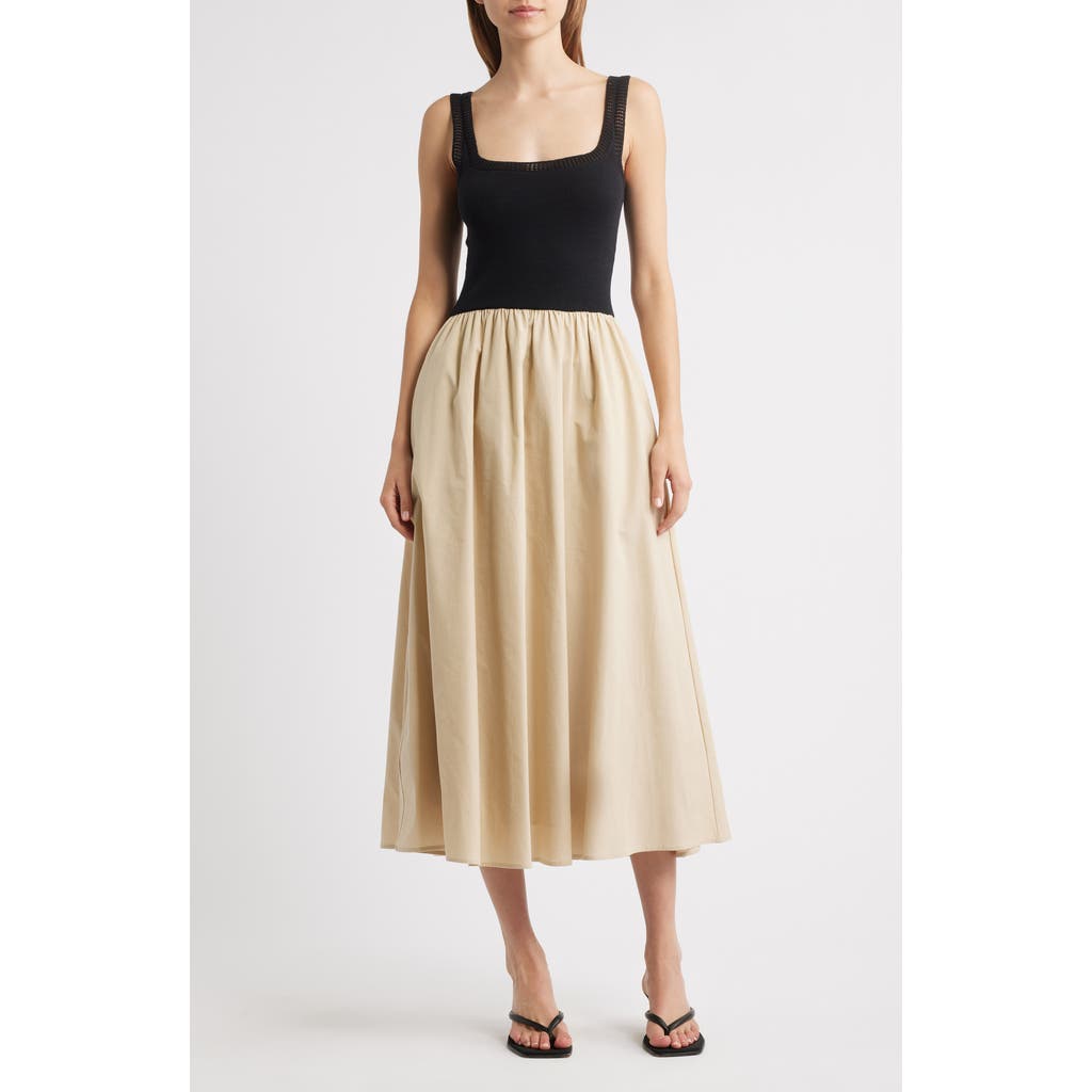 Moon River Square Neck Mixed Media Midi Dress In Black