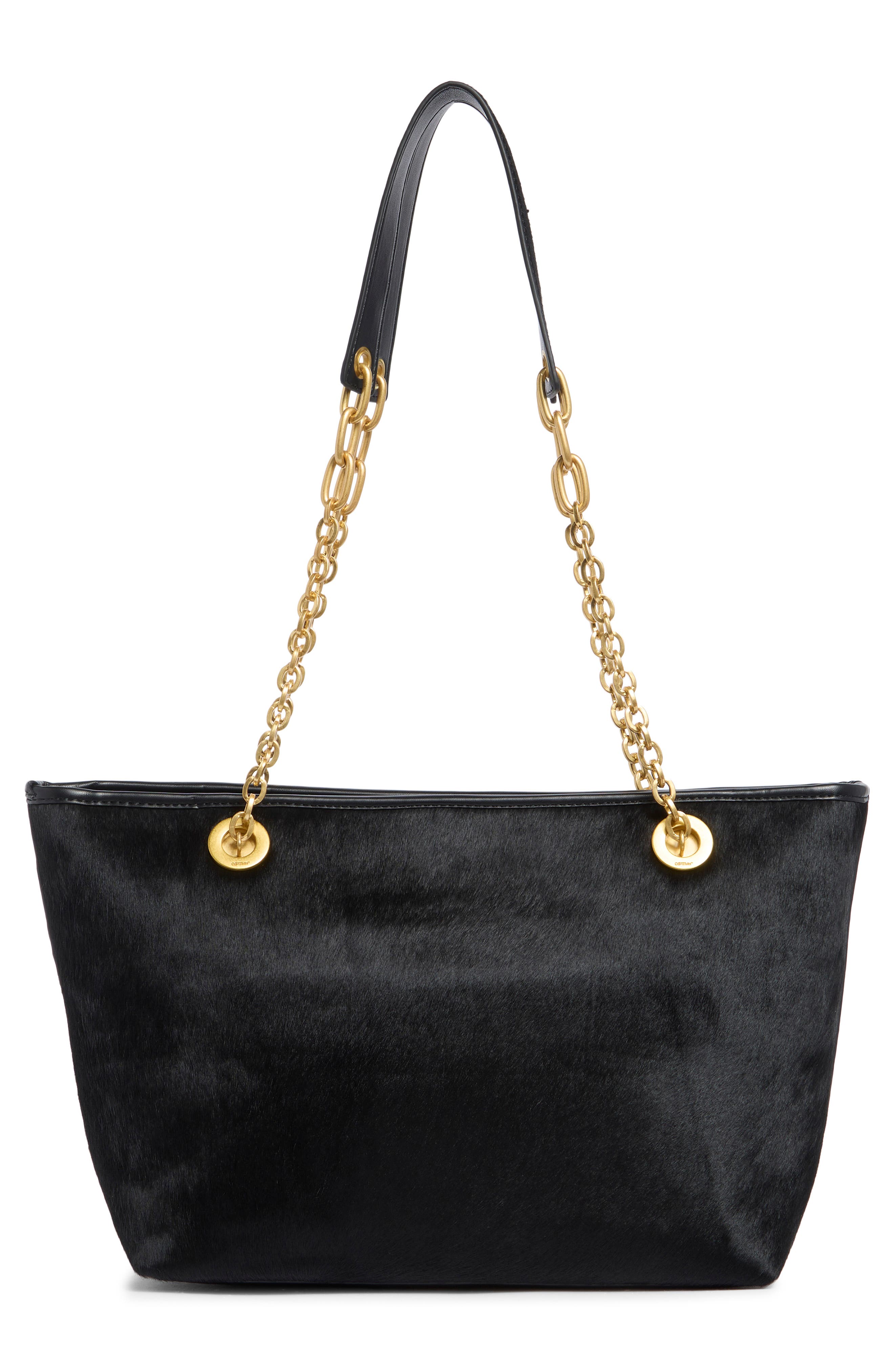 Small Jitney Chain Leather & Calf Hair Tote, Alternate, color, BLACK