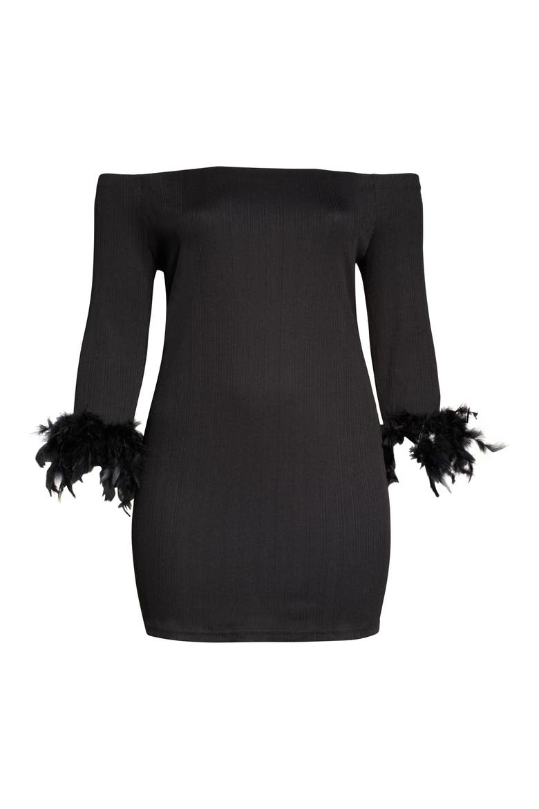 Off the Shoulder Feather Cuff Dress, Alternate, color, BLACK