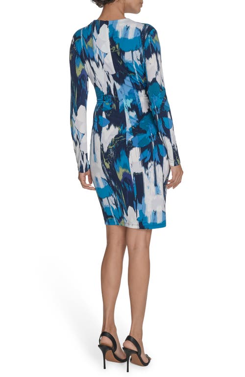 Calvin Klein Floral Long Sleeve Faux Wrap Dress In Blue
