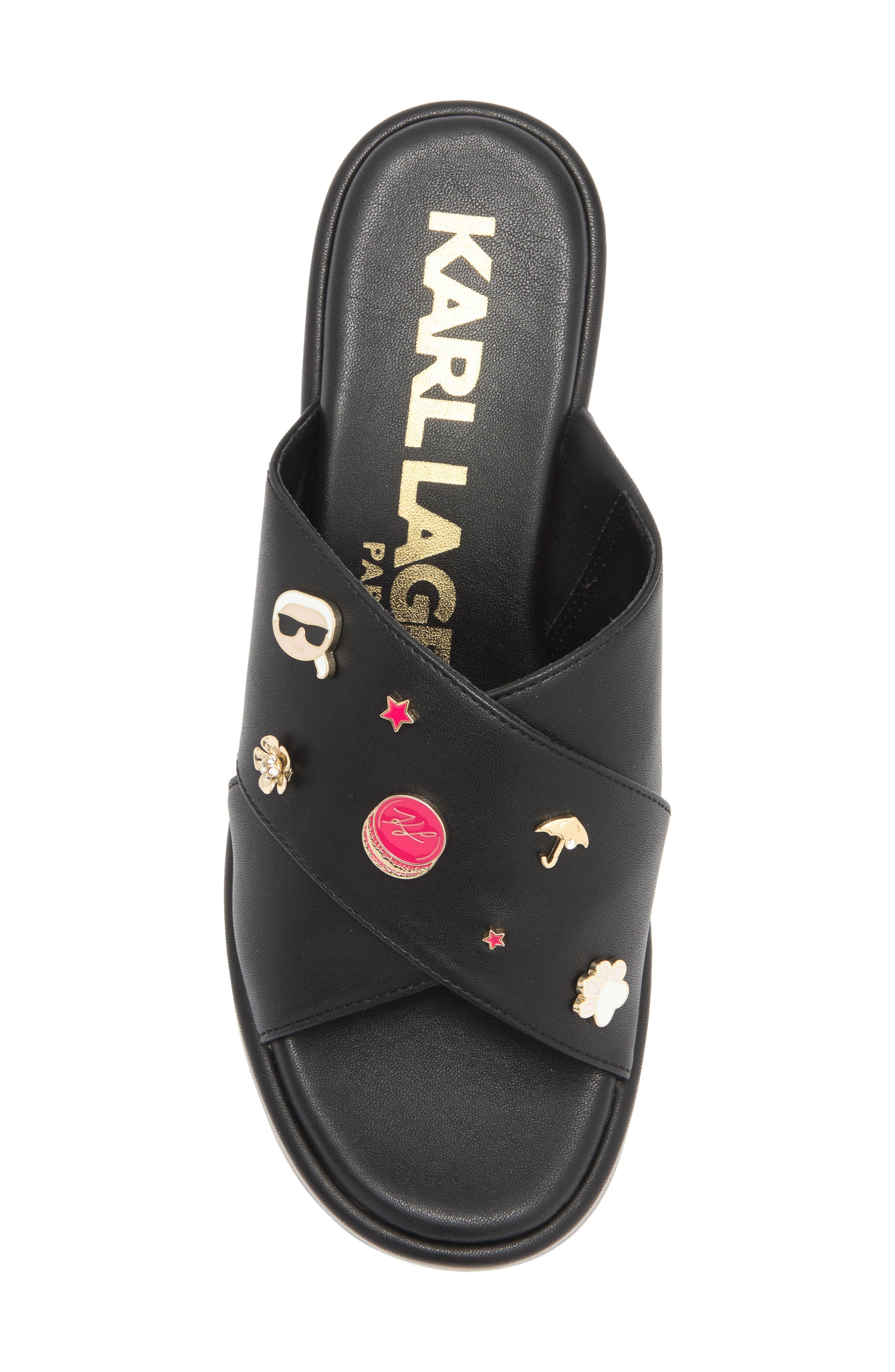 KARL LAGERFELD PARIS Caleigh Macaron Crisscross Wedge Sandal, Alternate, color, Black