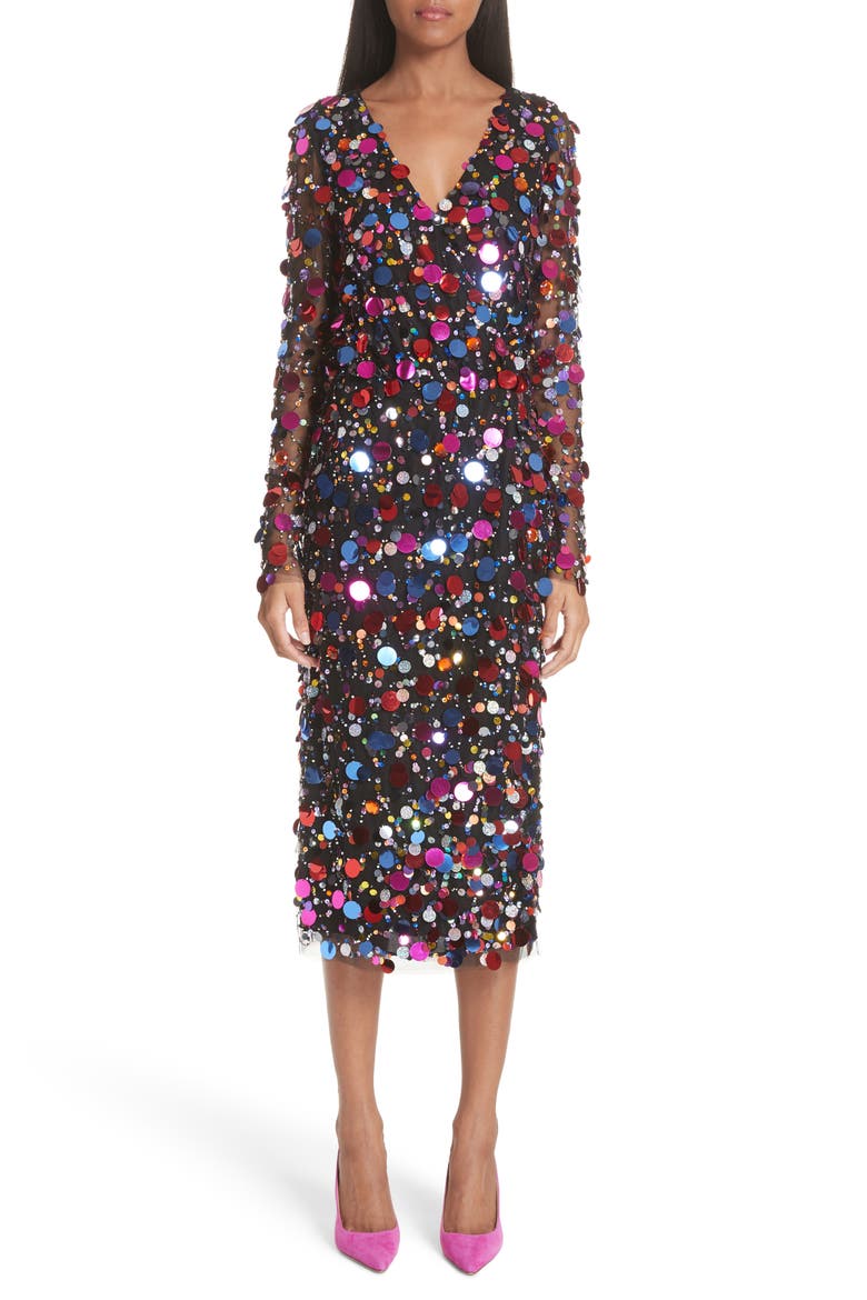 Long Sleeve Paillete Dress, Main, color, BLACK MULTI