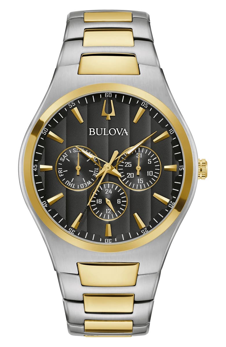 BULOVA Two-Tone Bracelet Strap Multifunction Watch, 42mm, Main, color, Black/ Two Tone