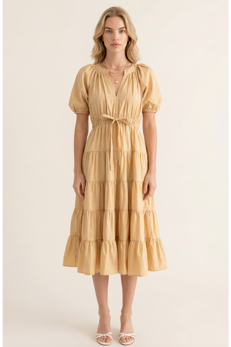 Tiered Puff Sleeve Tie Waist Midi Dress, Main, color, Sand