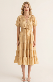 Modenaire Tiered Puff Sleeve Tie Waist Midi Dress