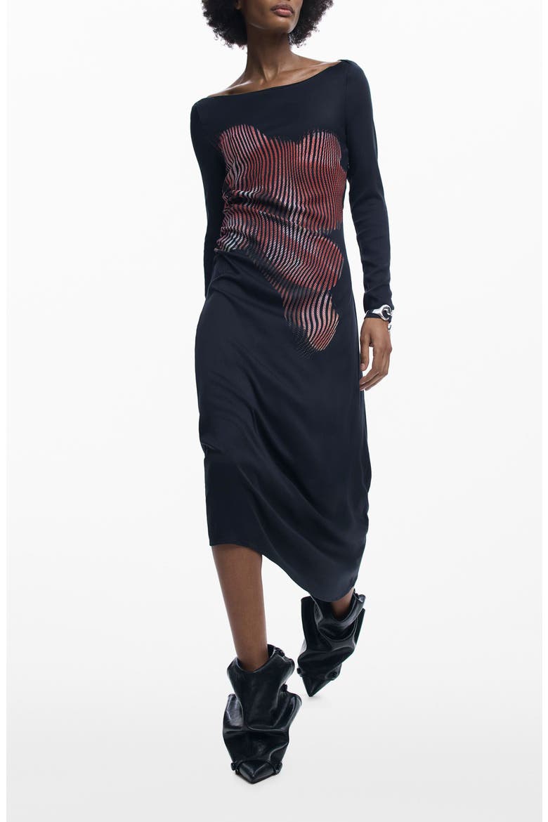 Placed Floral Long Sleeve Dress, Main, color, BLACK
