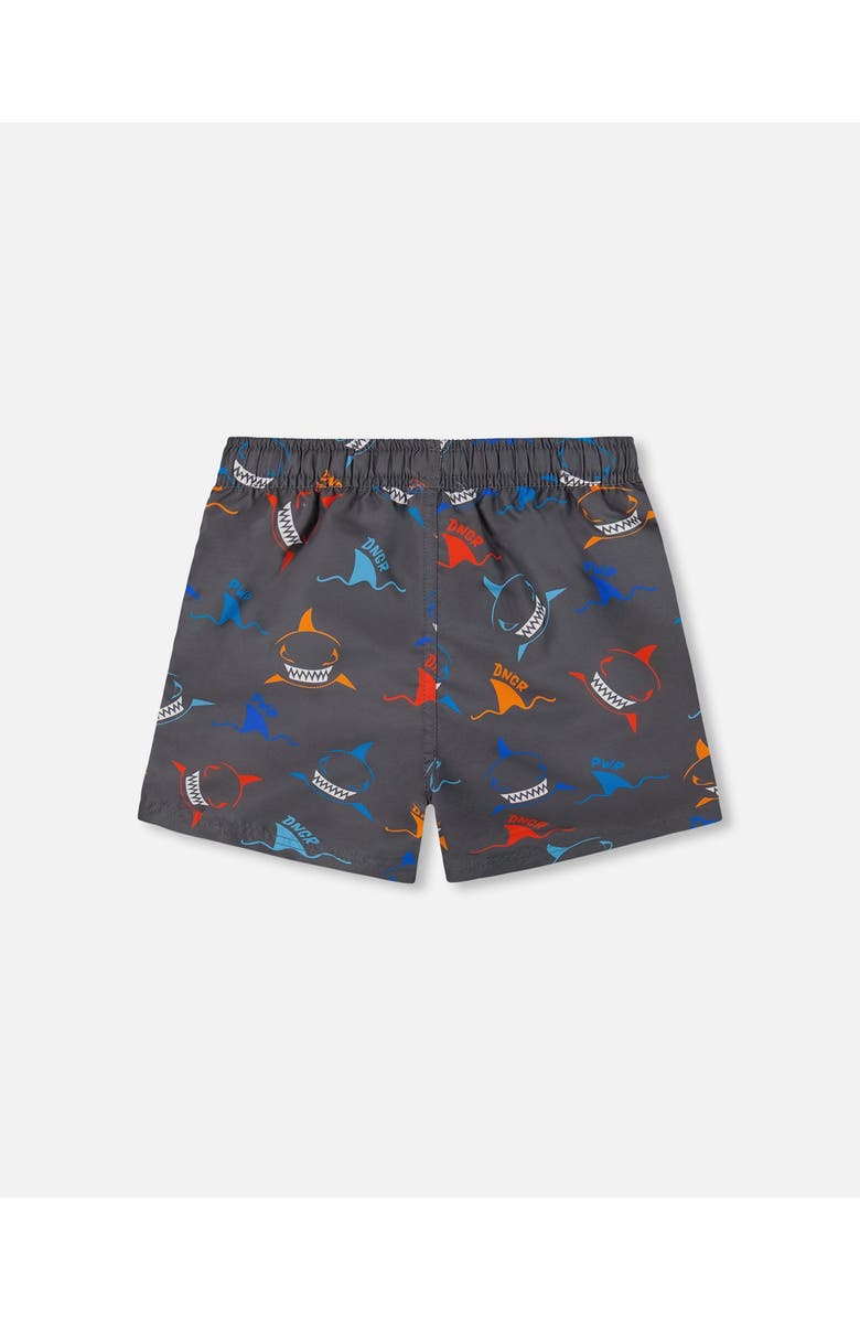 Deux par Deux Little Boy's Printed Boardshorts Orange, Red, And Blue Sharks On Gray, Alternate, color, Orange Red And Blue Sharks