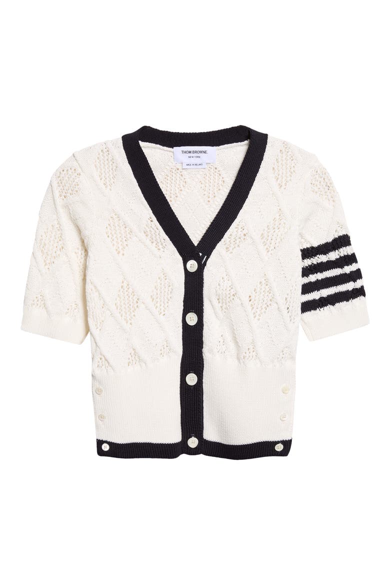 4-Bar Argyle Pointelle Stitch Short Sleeve Cardigan, Main, color, WHITE