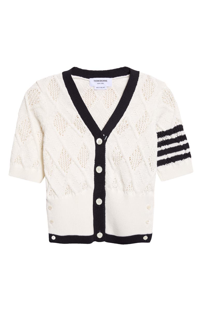 Thom Browne 4-Bar Argyle Pointelle Stitch Short Sleeve Cardigan, Main, color, White
